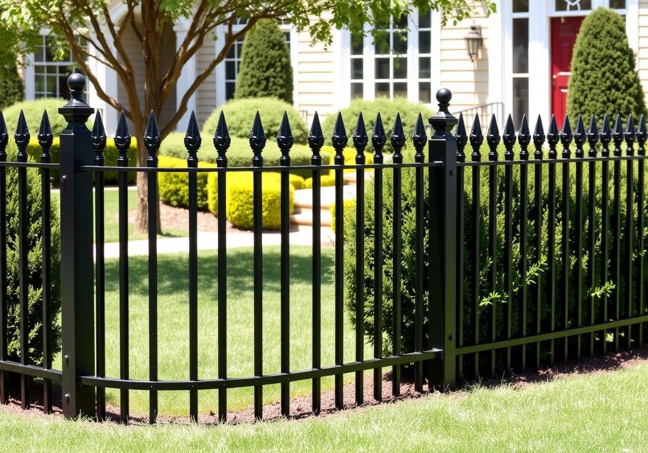 Old rusty chain-link fence replaced with elegant black ornamental aluminum fence – after