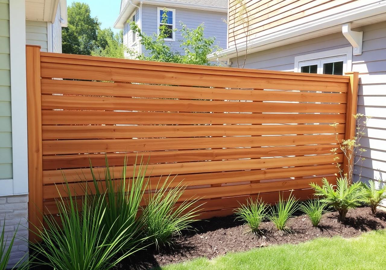 Broken wood fence replaced with modern horizontal cedar slat fence – after