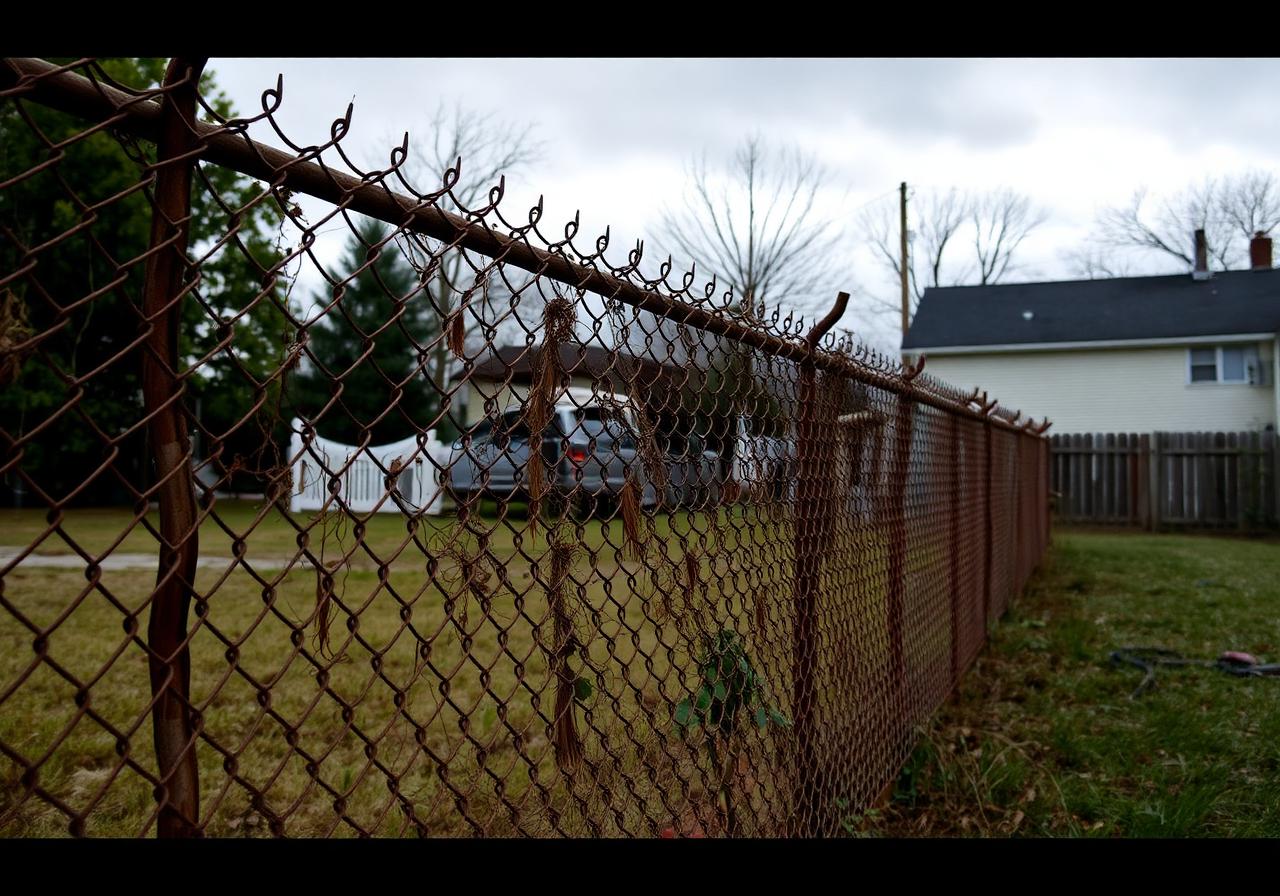Old rusty chain-link fence replaced with elegant black ornamental aluminum fence – before