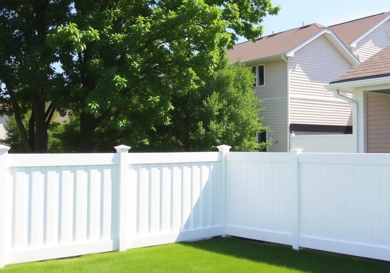 Weathered wood fence replaced with a clean white vinyl privacy fence – after