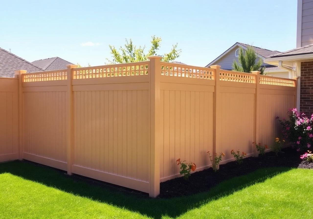 Rotting wood fence replaced with a tan vinyl fence with lattice top – after