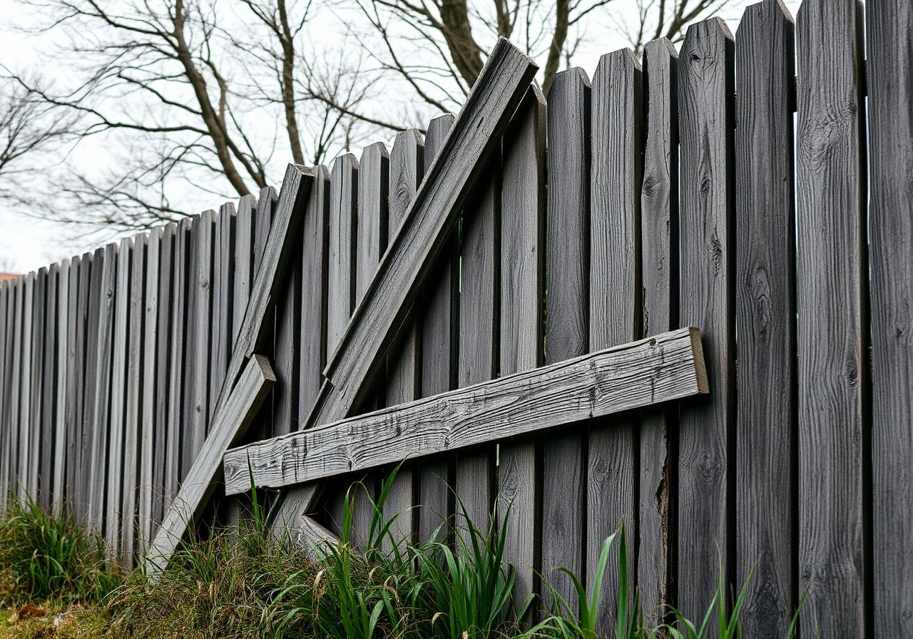 Broken wood fence replaced with modern horizontal cedar slat fence – before
