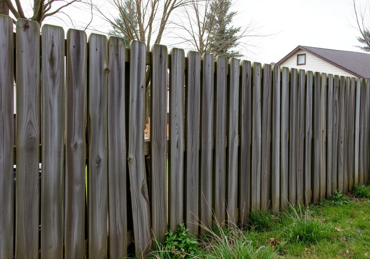 Weathered wood fence replaced with a clean white vinyl privacy fence – before